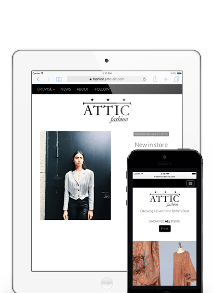 Homepage screenshot of ATTIC DC Fashion, a marketing and local commerce app for boutiques and clothing stores